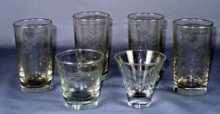 6 Vintage Mid Century Modern Highball Etched Cut Cube Square Barware Glasses
