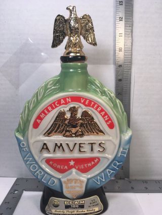Jim Beam Bourbon Bottle Amvets 1970 25th Anniv W/ Eagle Stopper Vintage Euc