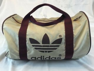 Vintage Adidas Duffle Gym Bag Cream And Maroon Made In Taiwan Nylon
