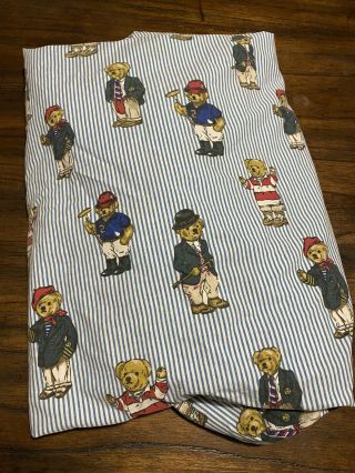 Vintage Ralph Lauren Polo Bear Twin Fitted Sheet Blue White Striped Made In Usa