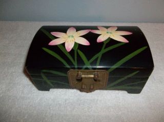 Black Lacquer Hand Painted Flowers Jewelry Box Brass Hinges Japanese Vintage