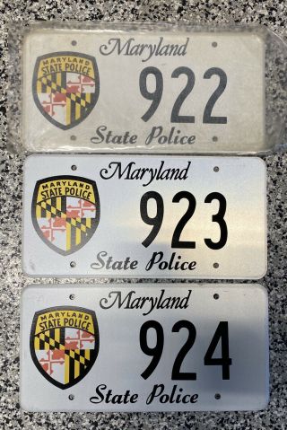 Vintage Maryland State Police License Plates Sequential Tags 922/923/924
