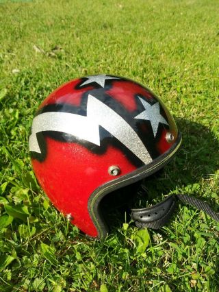 Vtg.  1974 Roper - Lanco Red Stars Lightening Bolt Sparkle Motorcycle Helmet