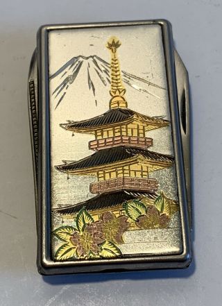 Vintage Japan Barlow B60 Money Clip Pocket Knife Mt Fuji Pergola Flower Blossom