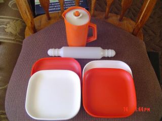 Vintage Tupperware Toy Plates Red White Set Of 4,  Mini Pitcher,  Rolling Pin