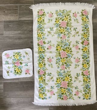 Vtg Springmaid Bath Towel & Washcloth With Flowers