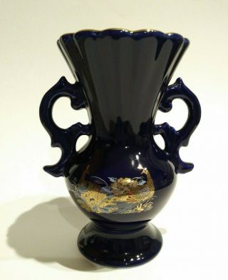 Vintage Japanese Style Cobalt Blue Vase With Handles Peacock And Floral Design