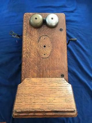 Antique Kellogg Hand Crank Wall Phone Oak Wood Case