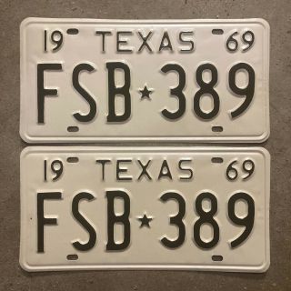 1969 Texas License Plate Pair Fsb 389 Yom Dmv Clear Ford Mustang Chevy Camaro