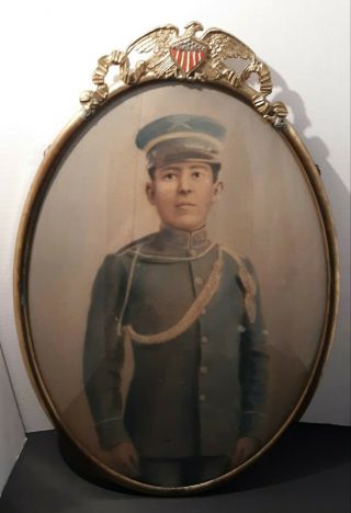 Antique Large Oval Glass Portrait Military Soldier With Eagle Top Brass Frame