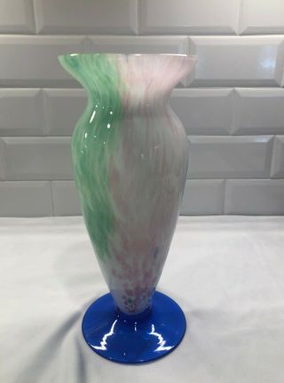 Vtg.  Murano Style Art Glass Blue Green Pink Confetti Swirl Footed Vase