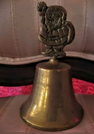 Etched Solid Brass Vintage Santa Claus Ringing Bell Christmas Holiday Home Decor