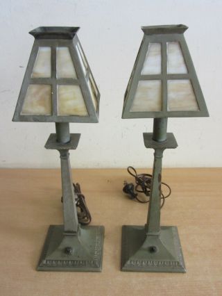 Pair Antique Arts & Crafts Mission Stained Slag Glass Candlestick Buffet Lamps
