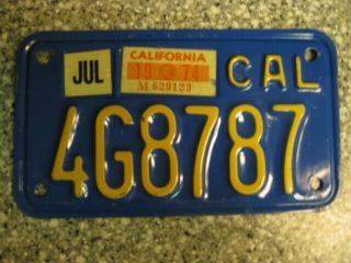 1970 California Motorcycle License Plate,  1974 Validation,  Dmv Clear,  Ex