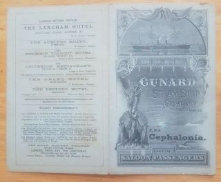 Cephalonia (cunard) List Of Saloon Passengers - 1889