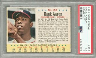 1963 Post Cereal 152 Hank Aaron Atlanta Braves Baseball Card Graded Psa 5 Ex