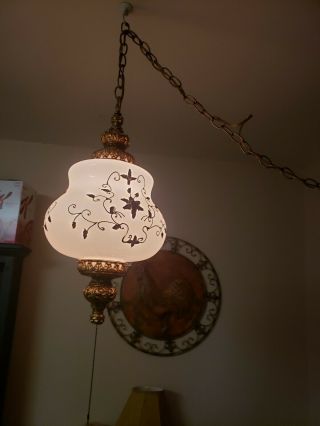 Vintage Large Mid Century Modern Swag Lamp Light Opalescent Glass Hanging Mcm
