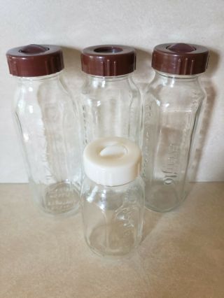 4 Vintage Evenflo Glass Nursing Baby Bottles Pyrex Brown Rings 3 - 8oz 1 - 4oz