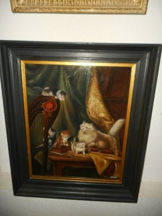 Large Old Oil Painting,  { Mother Cat With Her Kittens,  Is Signed,  Frame }.