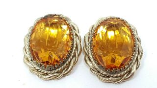 Vintage Whiting And Davis Co.  Yellow Crystal Rhinestone Gold Tone Clip Earrings