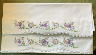 Vintage Pair Pillowcases Embroidered Purple Flowers White Crocheted Edging