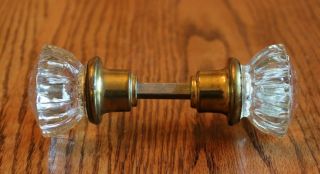 Vintage Antique 12 Point Clear Glass & Brass Door Knob Set With Spindle