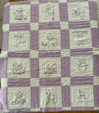 Vtg Hand Stitched Embroidered Patchwork Cotton Quilt 24x38 Lamb,  Baby,  Cat,  Etc