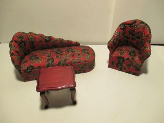 Vintage Victorian Paisley Couch Chair Doll House Furniture Wood End Table