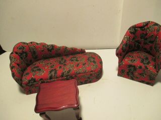 Vintage Victorian Paisley Couch Chair Doll House Furniture Wood End Table 2