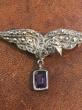 Vintage Sterling Silver Flying Eagle Pin With Amethyst Stone