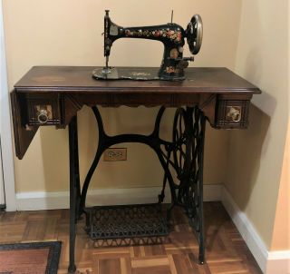 Singer Treadle Sewing Machine,  Late 1800s,  Drop Leaf Table,  With Attachments