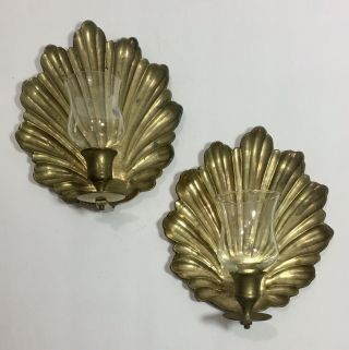 Two Vintage Brass Shell Wall Sconce Candlestick Holders And Glass Dome