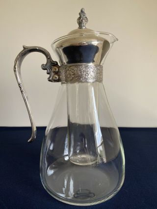 Vintage Silver Plated Glass Water Pitcher With Ornate Handle/glass Ice Insert
