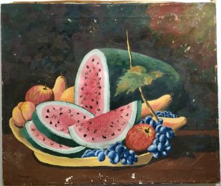 Antique Folk Art Still Life Oil Painting Watermelon Fruit Signed Hennum