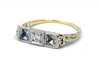 Antique Edwardian Diamond Aquamarine Three Stone Ring 14k Yellow Gold Platinum