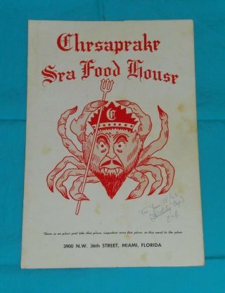 Vintage Chesapeake Sea Food House Menu Miami Florida Seafood