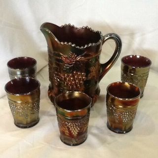 Northwood Grape Cable Amethyst Carnival Glass Water Pitcher Tumbler Set Antique