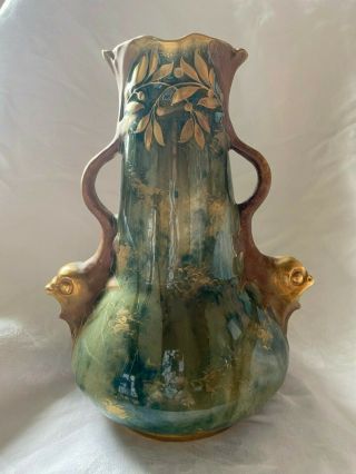Antique Amphora Turn Teplitz Vase Griffin Handles Gold Green Forest