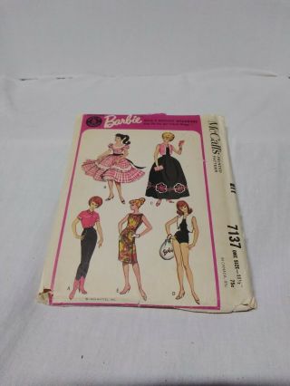 Vtg 1960s 11 1/2” Barbie Doll Clothing Sewing Pattern Mccall 