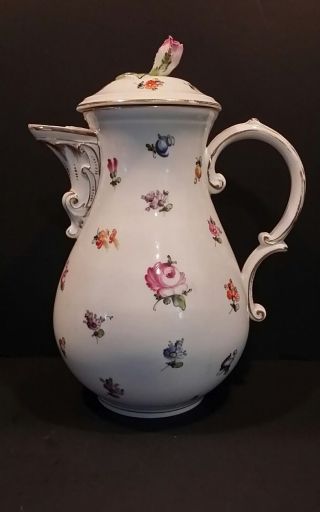 Antique Meissen Porcelain Coffee Pot With Rose Top Hand Painted Floral - 4 Cups
