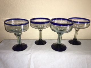 Vintage Set 4 Mexican Hand Blown Cobalt Blue Rim Margarita Glasses Abt 6 1/2 " H