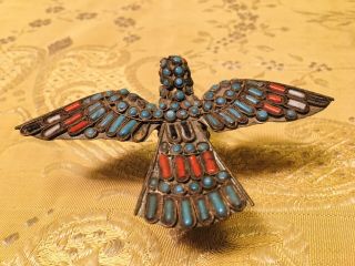Vintage Brass Tibetan Coral Turquoise Bird Miniature Art Figurine Statue Chinese