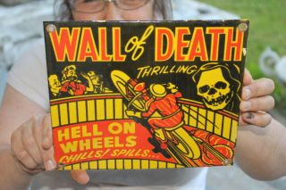 Wall Of Death Motorcycle Circus Act Harley Davidson Gas Oil Porcelain Metal Sign