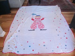 Vintage White Chenille Twin Bedspread Colorful Clown Detail 81x100