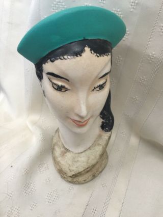 Vintage Lady Head Vase 7” Tall Asian Face With Teal Hat.  Stamped Made In Japan