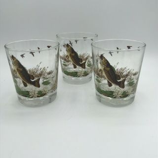 Vintage Large Mouth Bass Double Old Fashion Glass By Libbey Fishing Set Of 3