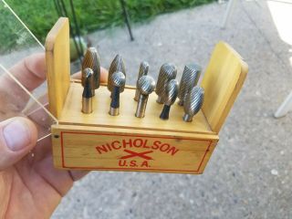 Vintage Nicholson Usa Router Bit Set Of 10 In Wooden Box 1/4 " Shank Made In Usa
