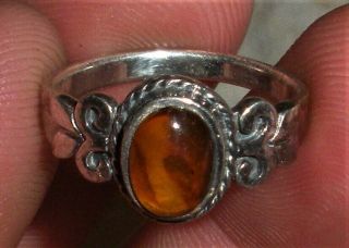 Antique Art Nouveau C.  1920 Sterling Silver Amber Ring Vafo