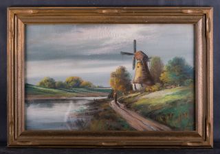 Antique American Pastel On Paper " Windmill Next To River " Signed