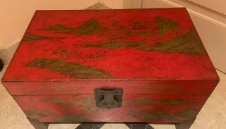 Antique Chinese Red Lacquer Wood Trunk Gold Figural Scenes With Lock 29 Inches